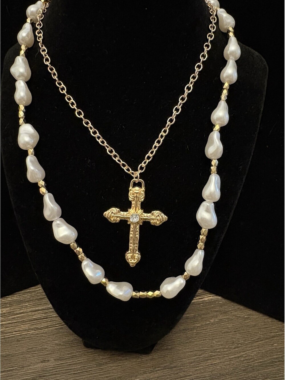 Gold Tone Cross Necklace And A Faux Pearl Necklace Set Of 2